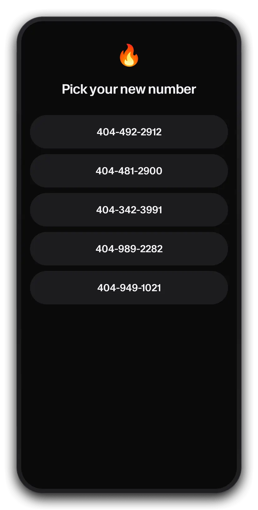 Ghost app number picker showing available US area code numbers to choose from