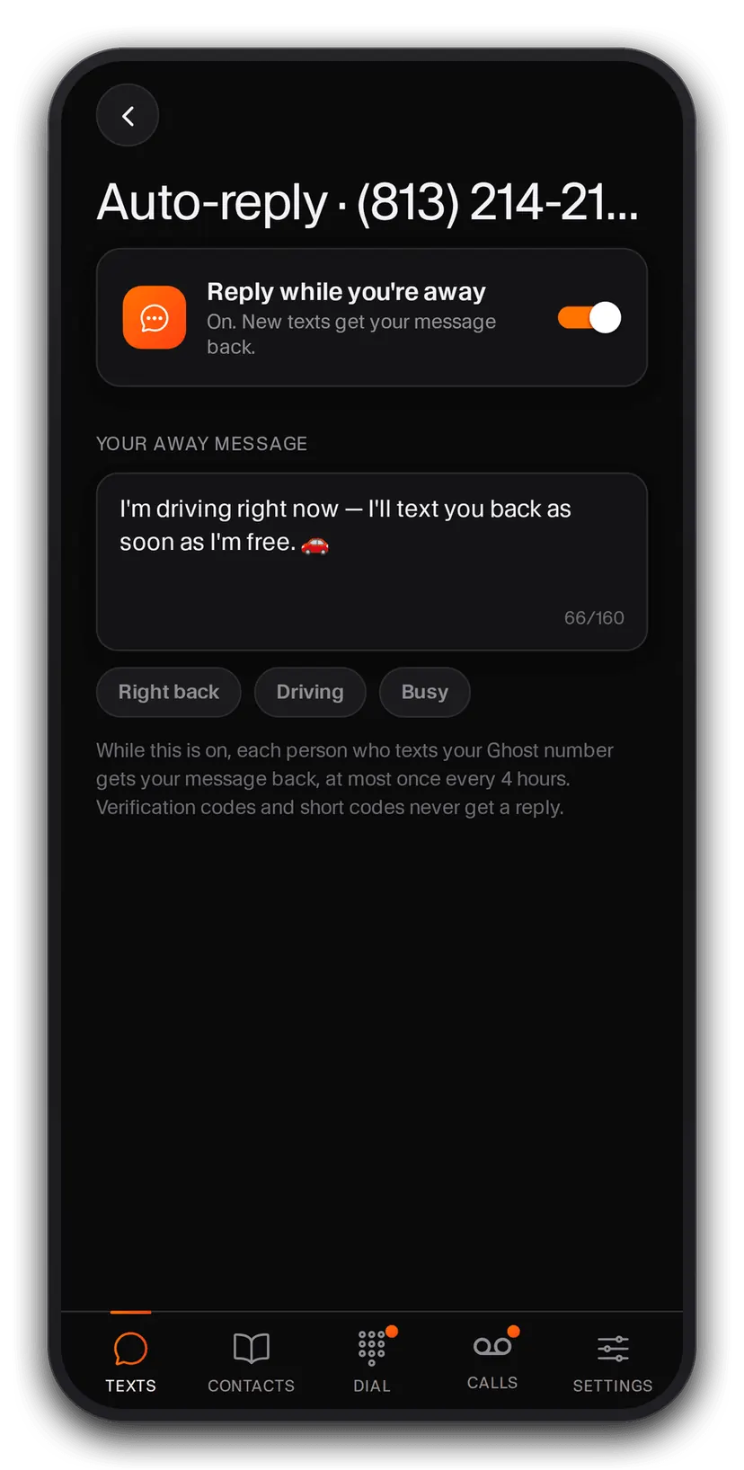 Ghost app auto-reply settings with an away message that replies to new texts