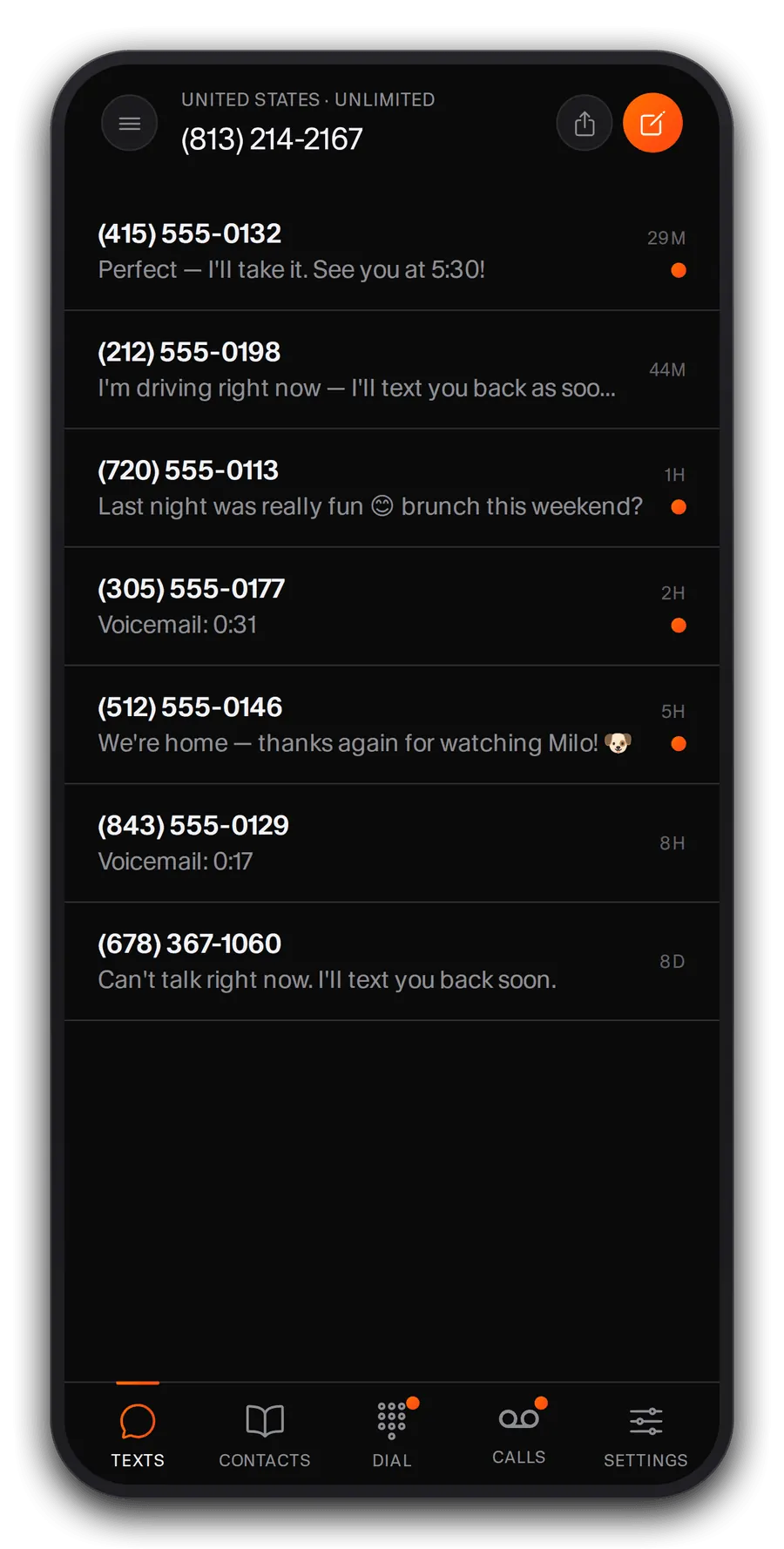 Ghost app Messages inbox on a private temporary phone number
