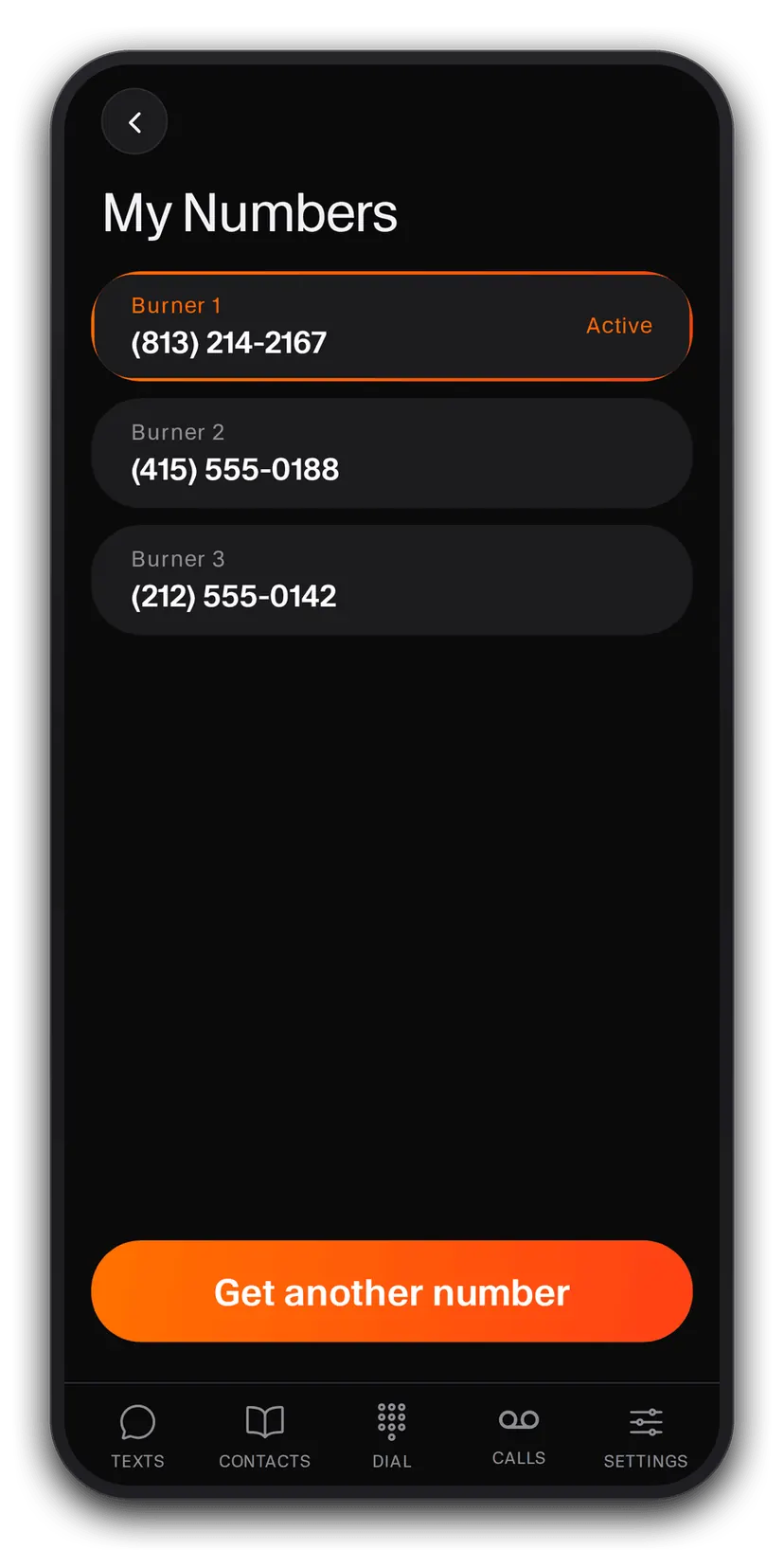 Ghost app My Numbers screen managing several second numbers across area codes
