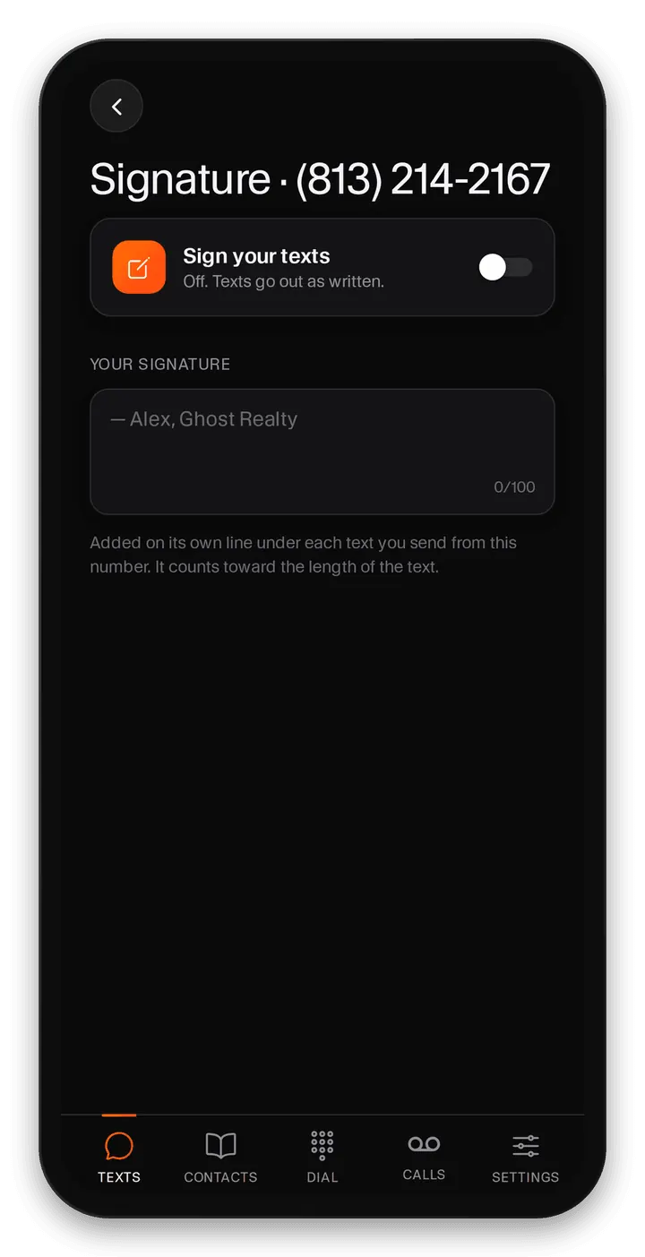 Ghost app text signature settings adding a signature line to outgoing texts