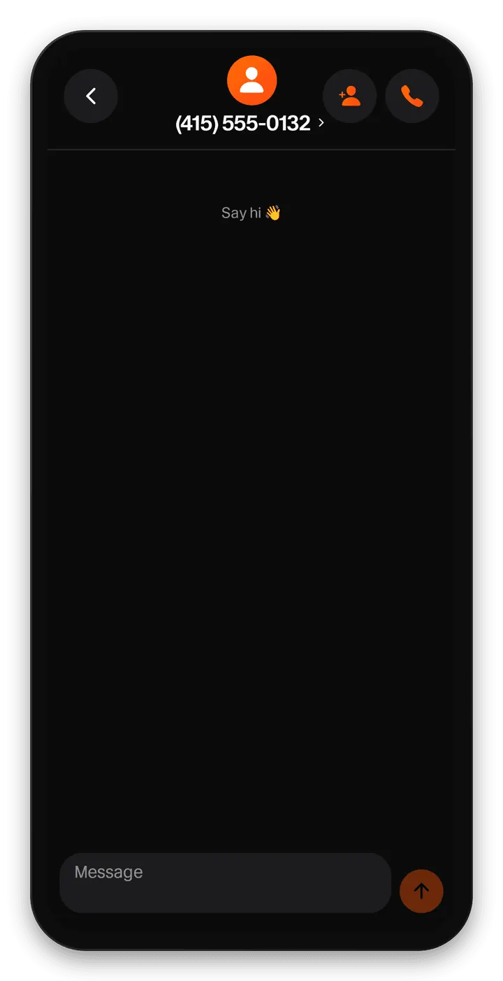 Ghost app conversation with an unsaved number and a one-tap add-contact button