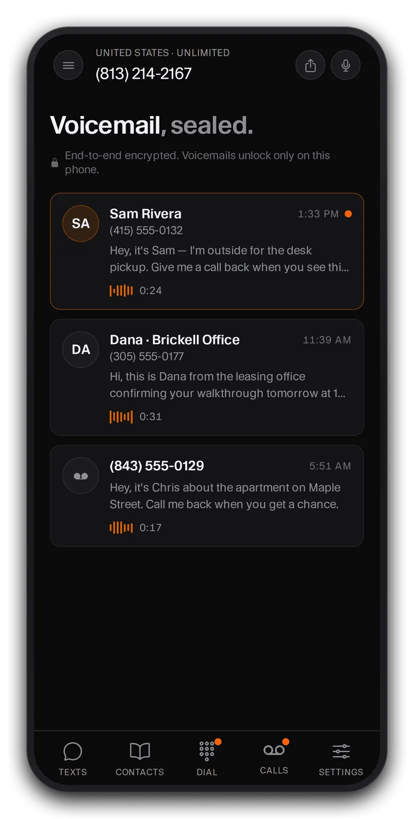 Ghost app encrypted voicemail inbox with transcribed, encrypted messages