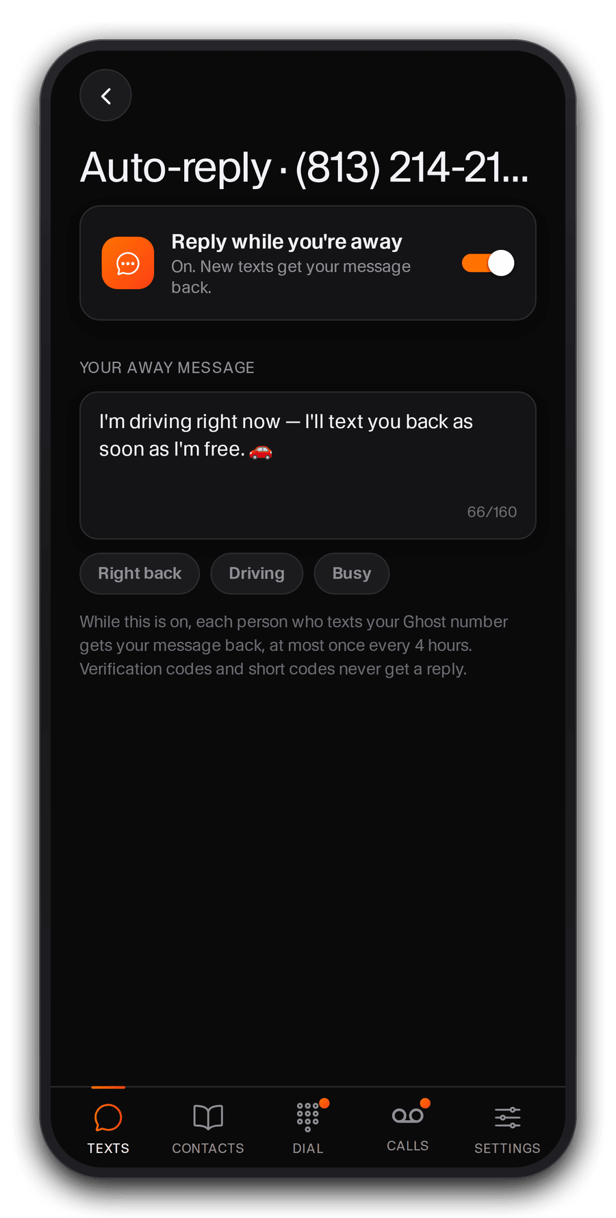 Ghost app auto-reply settings with an away message that replies to new texts