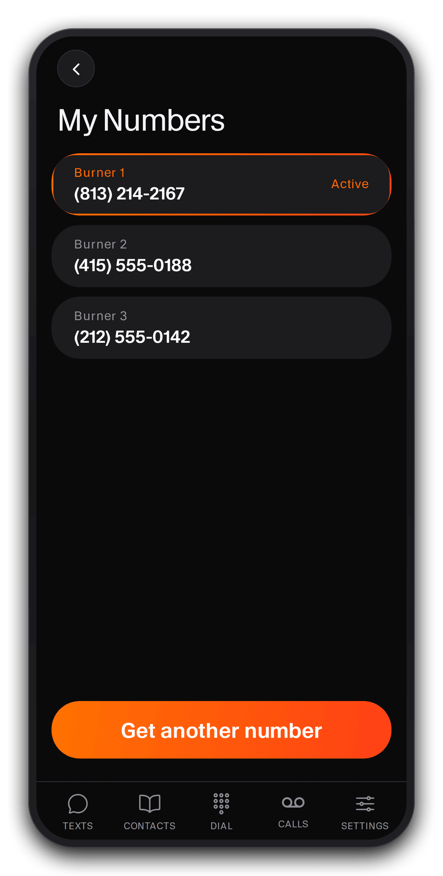 Ghost app My Numbers screen managing several second numbers across area codes